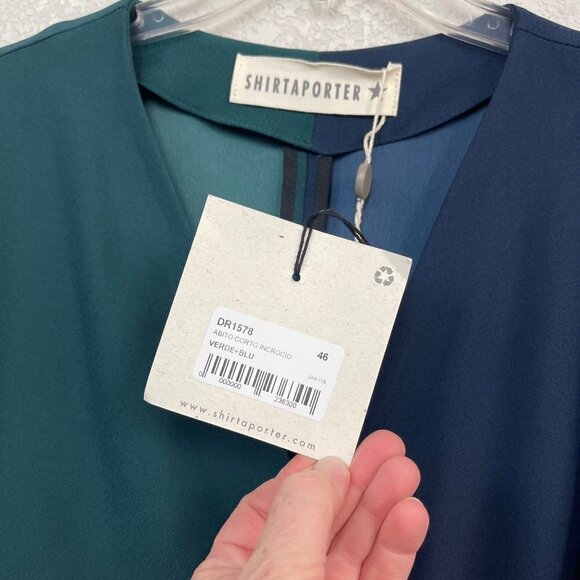 Shirtaporter Abito Corto Incrocio Verde + Blu Wrap Dress DR1578 Womens 46 NEW - Picture 2 of 4